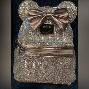 NWT Loungefly Minnie Mouse Silver Sequin Mini Backpack 707 St Exclusive In Hand!